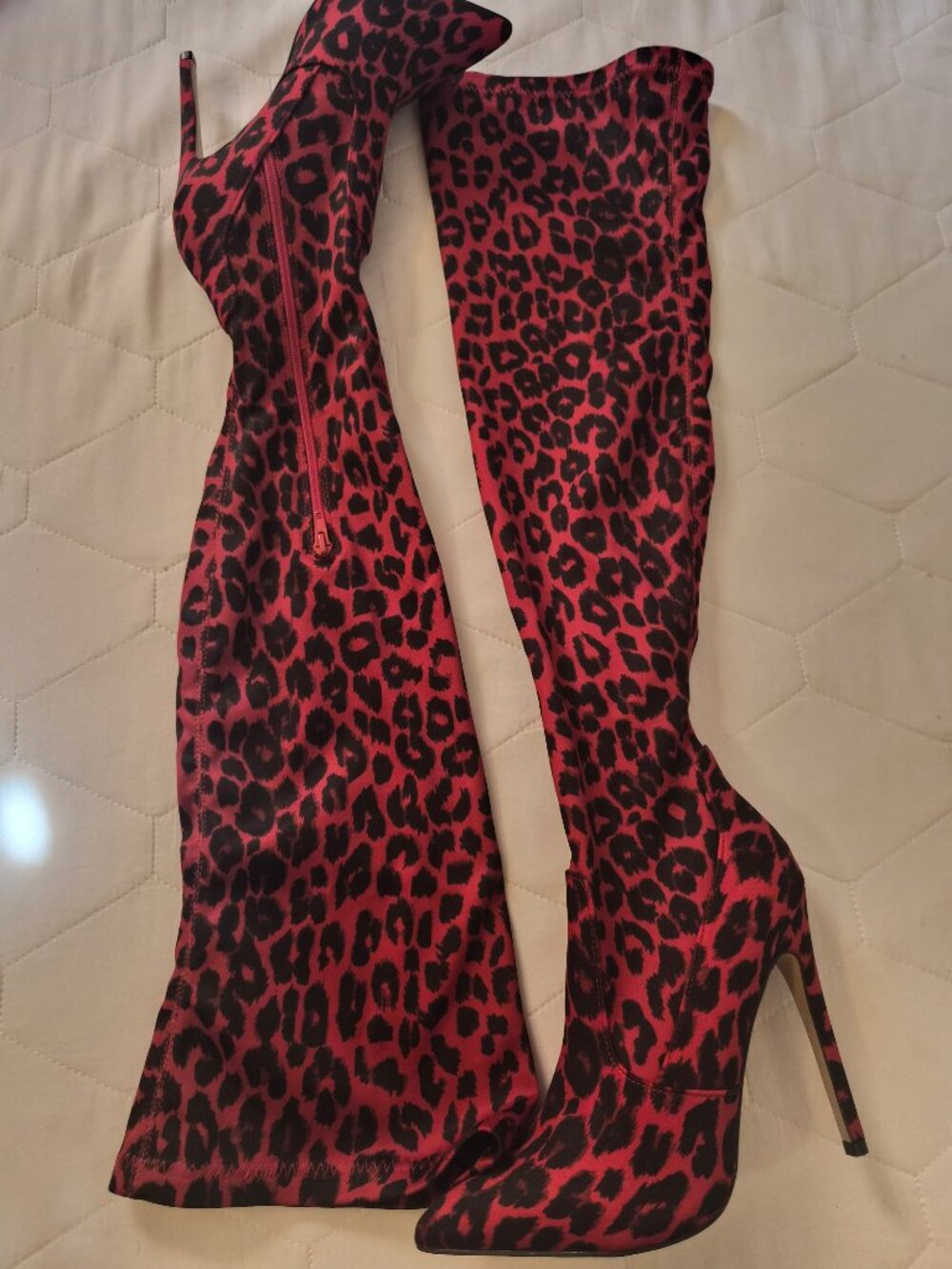 ShoeDazzle Red Leopard Print Thigh High Stiletto Boots